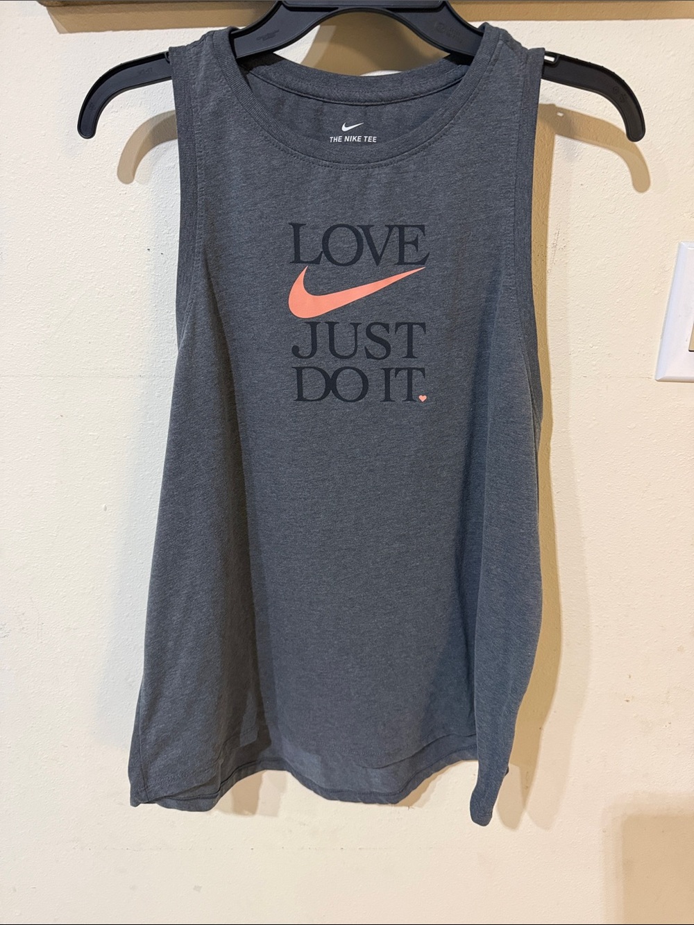 Nike Women's Charcoal Tank with Coral Swoosh 'Love Just Do It' Heart Period